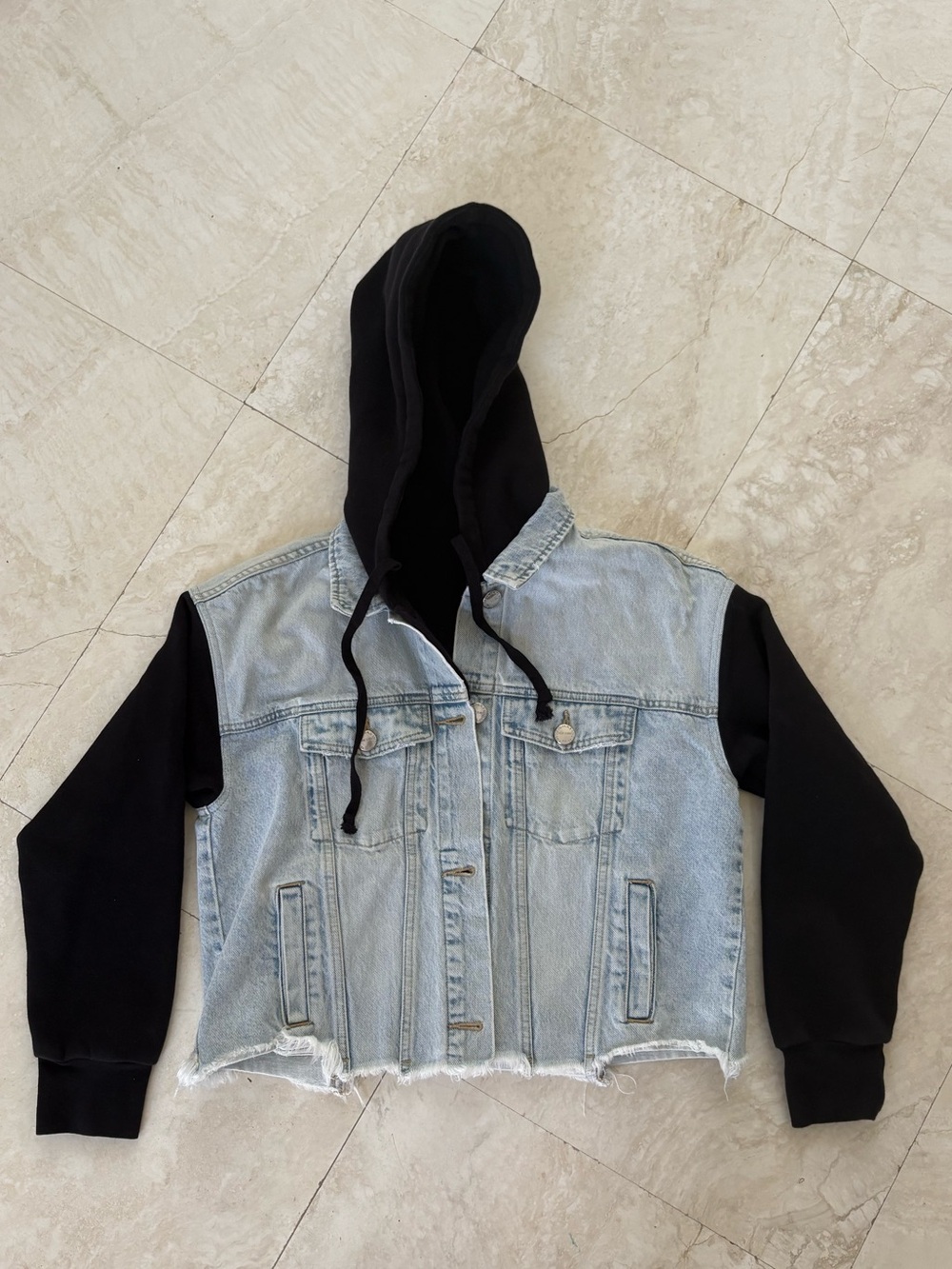 Oversize Current/Elliott Light Blue Denim Jacket with Black Hoodie & Sleeves